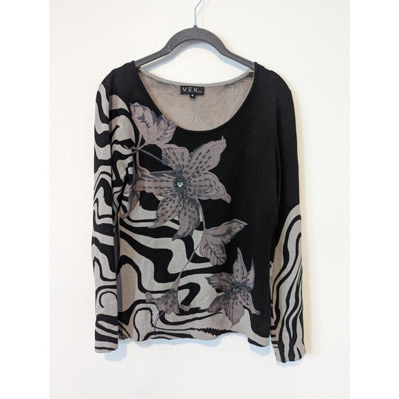 Vex Tops - Vintage Vex & Co Y2K Embellished Floral Retro Long Sleeve Blouse Black Grey
